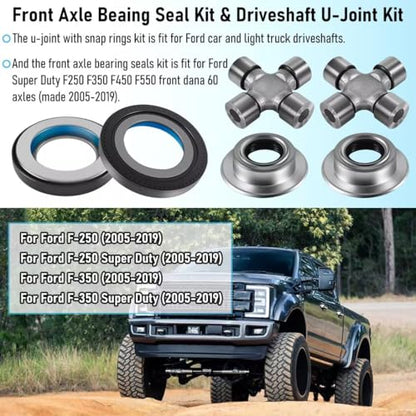 Front Axle Vaccum Knuckle Seal & Hub O-Ring & Dust Seals Kit With Driveshaft U-Joint Fit For Ford F250 F350 Super Duty With Dana Super 60 (2005 to 2019) - size: Driveshaft U-Joint & Front Axle Bearing Kit