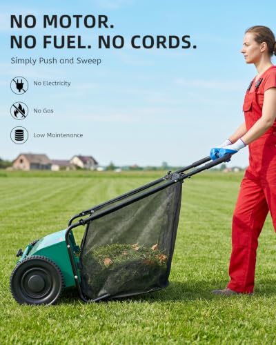 Push Lawn Sweeper, 27.5 in Yard Sweeper with 6 cu ft Bag - color: Green, size: 27.5 in