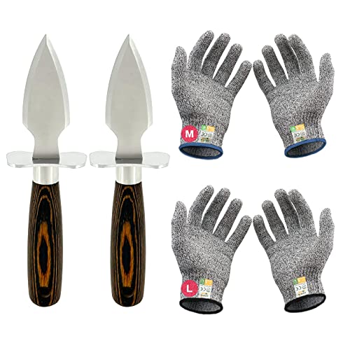 MYBMHTNB Oyster Shucking Knife Set of 2 Stainless Steel Oyster Knifes and 2 Pairs Level 5 Cut-Resistant Gloves，Oyster Knives Suitable for All Kinds of Shells and Oysters Shucking（Strengthen Version） - color: Color Wood Thickened Upgrade