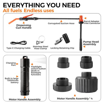 Fuel Transfer Pump Battery Powered, 15000mAh Cordless Gas Can Pump