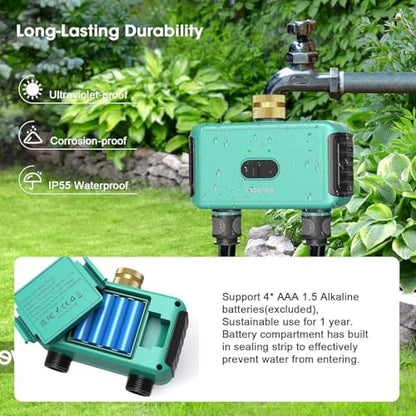 Smart WiFi Sprinkler Timer with Gateway, 2 Water Outlet Garden Hose Timer | App Remote Control, Brass Inlet Water Timer, Automate Water & Sprinkler Schedules for Garden/Lawn/Yard - color: Green, size: 2 Outlets - T
