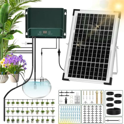 Solar Drip Irrigation System, 10W Auto Watering Kit for 50 Plants | 164FT Hose,Smart Alarm for Pump Issues,Indoor Outdoor Greenhouse Balcony Use,DIY Easy Install,Vacation Plant Care