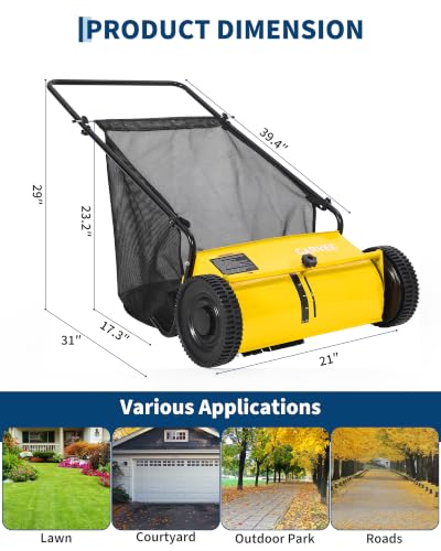 21" Push Lawn Sweeper, 6 Cu.Ft. Hopper, 3 V-Shaped Brushes, Height Adjustable - color: Yellow, size: 21in