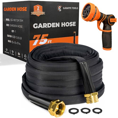 Giraffe Tools Garden Hose 75FT Lightweight Lay Flat Water Hose Kink Free Flexible Hose with 9 Spray Function Nozzle（Black） - size: 75FT