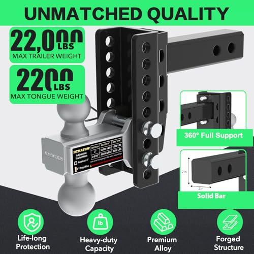 Zero-Noise Adjustable Trailer Hitch for 2 Inch Receiver - 8 Inch Drop/Rise | 22,000 lbs Towing GTW, Tow Dual Ball Sizes (2" & 2-5/16"), Anti Rust, Anti-Theft Lock Included (Grey, 8 Inch Drop/Rise) - color: Grey, size: 8 Inch Drop/Rise