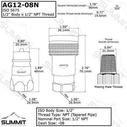 Summit Hydraulics 1/2" Ag ISO 5675 Hydraulic Quick Connect Tractor Couplers, Poppet Pioneer Style w/Dust Caps, 2 Sets