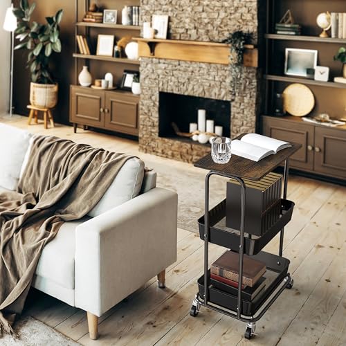 Simple Houseware 2-Tier Utility Cart Wood Top/Lockable Wheel, Rustic Brown - color: Rustic Brown