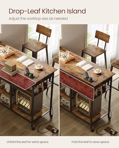 VASAGLE Kitchen Island with Drop Leaf, Power Strip, Pegboard, 47.2" Width - color: Rustic Brown + Ink Black, size: 28.7"D x 47.2"W x 38"H