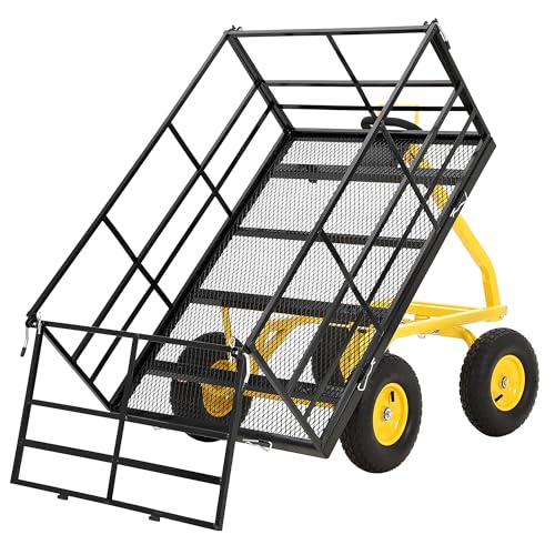Steel Garden Utility Wagon – 1500 lbs Capacity, 13-Inch All-Terrain Wheels, Removable Sides, 180° Swivel Handle – Towable Flatbed Cart for Lawn, Yard, Farm – Red Rims, Black Frame, Black - color: Black