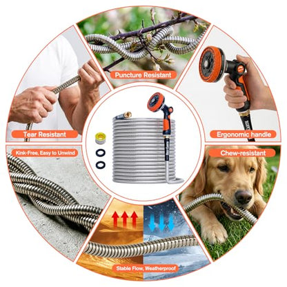 Rosy Earth 25ft Stainless Steel Garden Hose, Heavy Duty Metal Water Hose with 8 Functional Ultra-Wide Nozzle, No-Kink Outdoor Hoses Flexible Tough Water Hose Sprayer for Yard, RV - size: 25FT