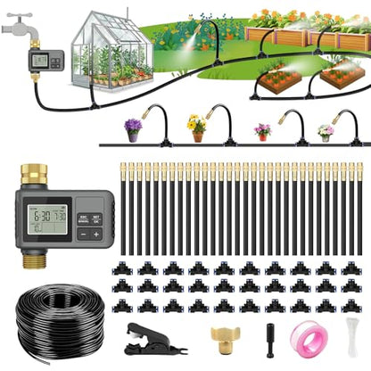 120FT Drip Irrigation System with Smart Water Timer - size: 120Ft Brass Fitting with Timer