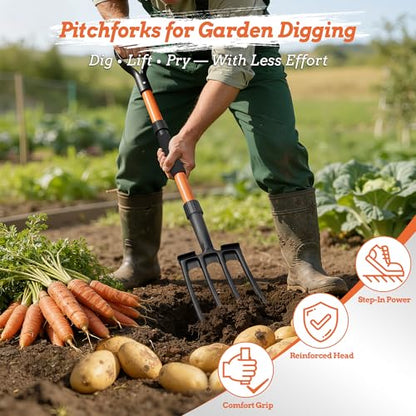 Garden Fork for Digging, 4-Tine Pitch Fork with Foot Step, Ergonomic Y-Handle & Comfortable Grip, Lightweight Durable Pitchfork for Soil Loosening, Compost, Mulch, Weeding & Potato Harvest - 43 Inches - size: 43-inchs