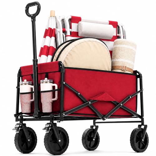 DUMOS Collapsible Wagon Cart, 220lbs Capacity, Red | Heavy Duty Foldable Utility, Detachable Wheels, Flexible Handle for Beach Garden Sports Grocery Camping - size: 67L