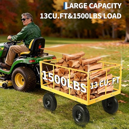 1500 lbs Steel Garden Cart, Folding Utility Wagon with Removable Sides, Garden Wagon Cart on Wheels, Metal Utility Wagon Yard Trailer with 13 in Tires180° and Swivel Handle, Yellow - color: Yellow, size: 1500lbs Utility Wagon