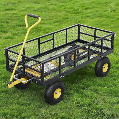 900 lb Heavy Duty Steel Garden Dump Cart, Utility Yard Wagon - Removable Mesh Sides - 10" Pneumatic Tires - 180° Swivel Handle - Outdoor Lawn & Farm Hauling - Black/Yellow, TC1840-3 - color: Black