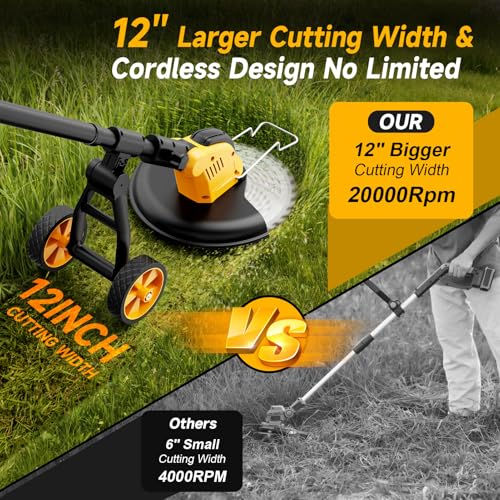 6000mAh 4-in-1 Electric Weed Wacker Cordless, 20000RPM Weed Eater Battery Powered, Heavy Duty Brush Cutter Edger Lawn Tool/Weed Trimmer/Grass Trimmer W/Wheel Metal Blade, 2 Battery Yard Tool - color: YELLOW