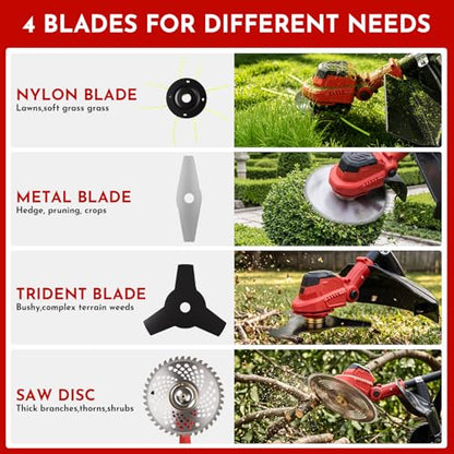 3-in-1 Electric Weed Wacker Cordless, 12″ Brushless Weed Eater Battery Powered with Wheel, 20000 RPM Grass Trimmer/Brush Cutter/String Trimmer, Lawn Mower Edger Weed Trimmer, 6000mAhjong Batteries