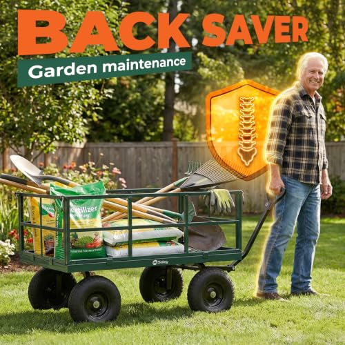Sekey 1600 lbs Heavy Duty Steel Garden Cart for Farm & Construction, 12 Cu.Ft. Extra-Large Utility Wagon with Removable Sides, 2-in-1 Towable Handle, 13" Rubber Tires, Green - color: Green, size: 1600LBS