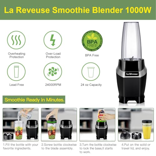 La Reveuse 1000W Power Blender For Smoothies, Shakes, Frozen Drinks, Black - color: Black