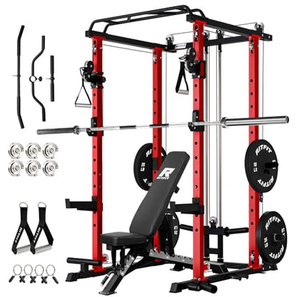 RitFit PPC-P3 Power Cage with Cable Crossover System, 1200LB Capacity - color: Red, style: Package 1.4K (with BP 140lbs Plates)