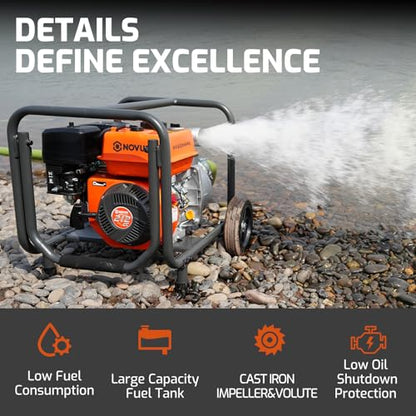 NOVUS 2-Inch Semi Trash Pump with Foldable Handle and Wheels, 212cc Engine - size: 2 Inch with Hose and Wheel