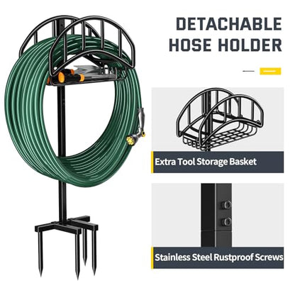 Kesfitt Garden Hose Holder Stand with Tool Storage Basket & 4 Spikes, Detachable Heavy Duty Metal Freestanding Outdoor Organizer for Lawn Yard Water Storage Rack - size: Hose Holder with Basket