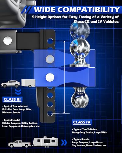 OMT Adjustable Trailer Hitch, 2 Inch Receiver, 12500 LBS Drop Hitch - color: Black-Blue, size: 2" Shank & 8" Drop