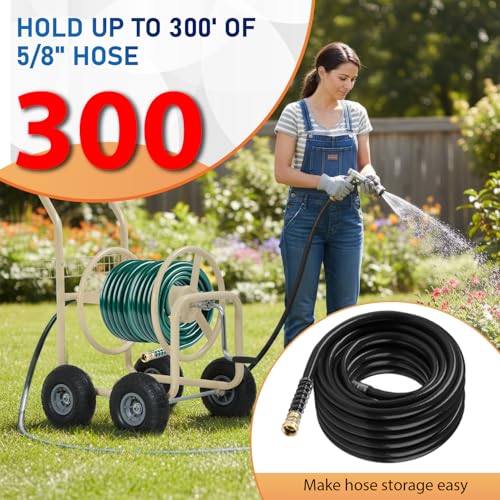 FDW Garden Hose Reel Cart, Water Hose Cart with 4 Wheels, Hold Up to 300 ft of 5/8’’ Hose，Heavy Duty Powder-Coated Steel Planting with Storage Basket, for Garden, Yard and Lawn - color: Tan-1