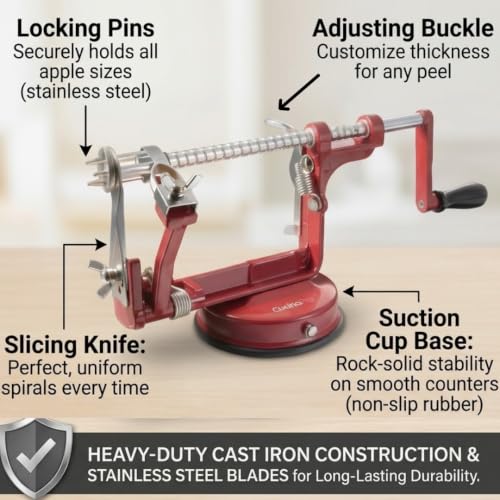 Apple Peeler and Corer, Durable Heavy Duty Chrome Cast Iron, Suction Base - color: Red