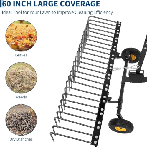 60 Inch Tow Behind Lawn Dethatcher, Tow Behind Steel Pine Straw Rake - color: Black