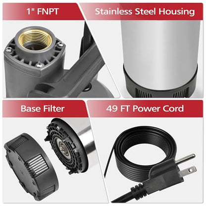 FLUENTPOWER Deep Well Submersible Water Pump, 1.5HP 1700GPH, 147' Head, Automatic On/Off Water Pump with 49ft Cord, Stainless Steel, for Garden Home Watering and Farmland Irrigation - size: 1.5HP Deep Well