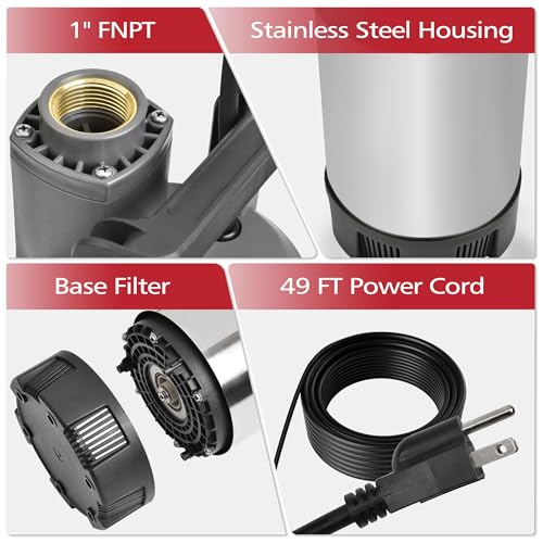 FLUENTPOWER Deep Well Submersible Water Pump, 1.5HP 1700GPH, 147' Head, Automatic On/Off Water Pump with 49ft Cord, Stainless Steel, for Garden Home Watering and Farmland Irrigation - size: 1.5HP Deep Well