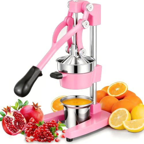 Commercial Heavy Duty Cast Iron Hand Press Manual Orange Citrus Lemon Lime Grapefruit Pomegranate Fruit Juice Squeezer Machine with Stainless Steel Cup Pink - color: Pink, size: 15 Inch