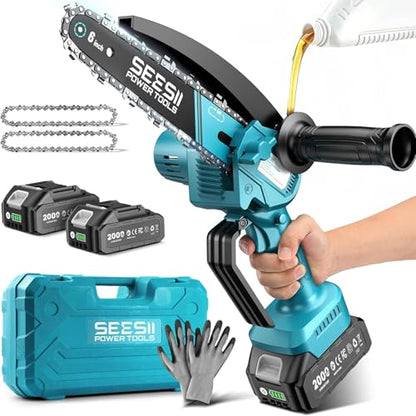 SEESII 6 Inch Mini Electric Chainsaw Cordless Battery Powered - color: Slate Blue