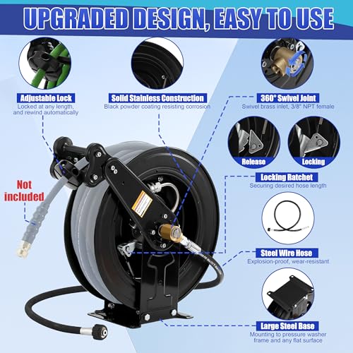 FIXFANS Pressure Washer Hose Reel 50FT X 3/8", Retractable - size: 50 FT x 3/8"