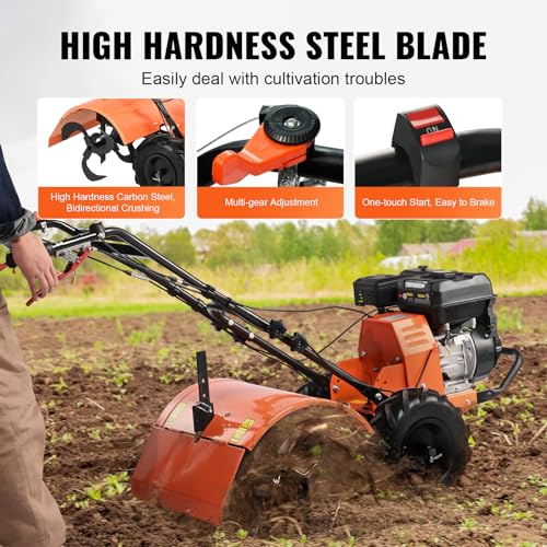 VEVOR Tiller Cultivator, 212CC 4-Stroke Garden Cultivator, Tiller with 4 Steel Adjustable Rear Tines for Lawn, Garden and Field Soil Cultivation - size: 212CC,4-Stroke