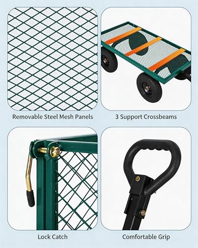 GarveeTech 1200LBS Heavy Duty Steel Garden Cart, Garden Wagon Cart on Wheels, Metal Yard Utility Wagon with Removable Mesh Sides, 13" All Terrain Tires, 180° Rotating Handle for Lawn, Garden, Farm - color: Green