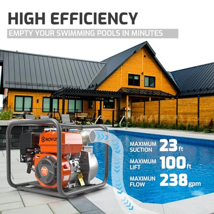 NOVUS Semi Trash Pump 3 Inch, 212cc 4 Cycle Engine, 238 GPM 100ft Lift 23ft Suction, Gas Powered Water Pump for Pond Pool Draining Gardening Irrigation, EPA Certified - size: 3" Semi Trash Pump
