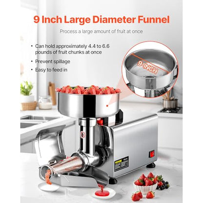 VBENLEM 110V Electric Tomato Strainer 370W Commercial Grade Tomato Milling Machine Stainless Steel Tomato Press and Strainer 90-160 Kg/H Pure Copper Motor Food Strainer and Sauce Maker