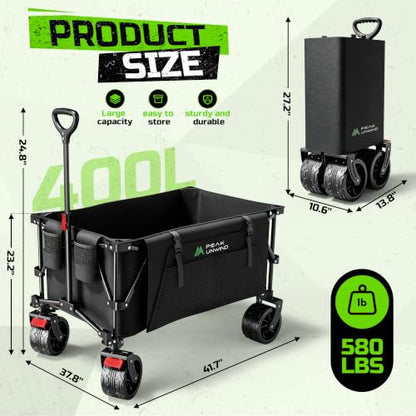 400L Folding Wagon Cart with Brakes & Removable Table, 580lbs Heavy Duty Collapsible Wagon, Big All-Terrain Wheels for Camping, Sports, Grocery, Outdoor - Black - color: Black-big