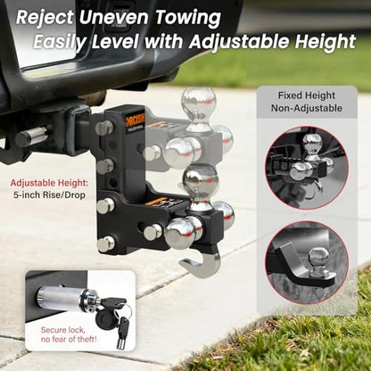 Adjustable Trailer Hitch, 360° Swivel Tri Ball Mount with Tow Hook & Lock - color: 2"-Adjustable