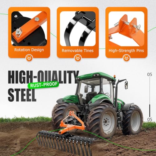 KUAFU 50" 3 Point Landscape Rock Rake for Category-0 Cat-0 Tractor with - style: Orange