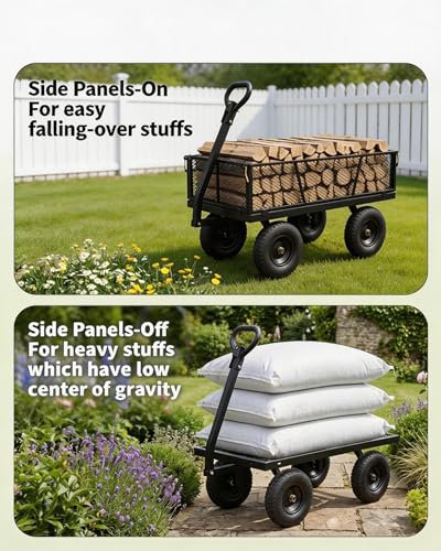 GarveeTech 1200LBS Heavy Duty Steel Garden Cart, Garden Wagon Cart on Wheels, Metal Yard Utility Wagon with Removable Mesh Sides, 13" All Terrain Tires, 180° Rotating Handle for Lawn, Garden, Farm - color: Black