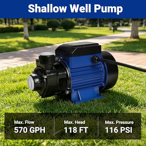 Water Transfer Pump 1/2HP 570GPH 115V 118ft Height Shallow Well Pump Vortex Clean Water Pump for Household Water Booster,Garden Lawn Irrigation,Pond Water Supply