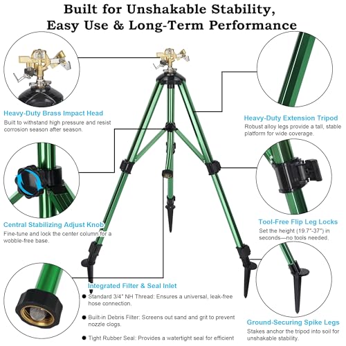 Impact Sprinkler on Tripod Base, 360° Adjustable Brass Sprinkler Head with Stakes, Heavy Duty Metal Tripod Lawn Sprinkler for Large Area Lawn, Yard & Garden Irrigation, 1 Pack