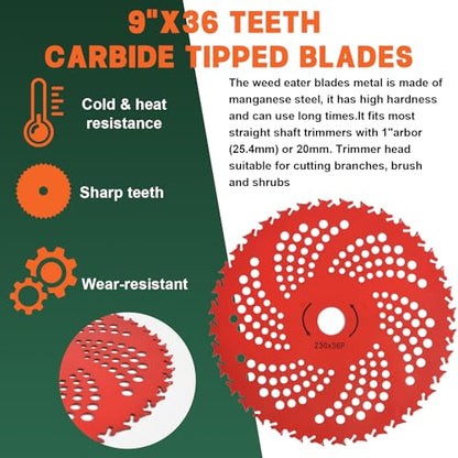 9" x36T/9 x20T/10 x80T/10 x3T Carbide Tip Weed Eater Blades with Adapter
