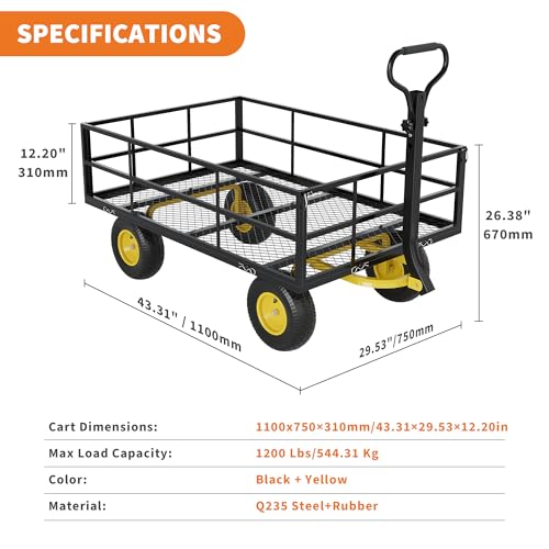 3-in-1 Heavy-Duty Steel Garden Cart, 1200 Lbs Garden Wagon, with 13 Inch All-Terrain Tires and Removable Mesh Side Panels, 180° Rotating Handle, Metal Multi-Function Carts, Outdoor Gardens Wagon Cart - color: Black + Yellow, size: 1200 Lb