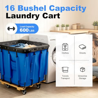 Industrial 12 Bushel Basket Trucks, Blue Vinyl Basket Bulk Truck, Knock Down Truck, 36" L X 26.8" W X 33.7" H Rolling Laundry Cart, Commercial Material Handling Cart with 4" Casters - color: 12 Bushel