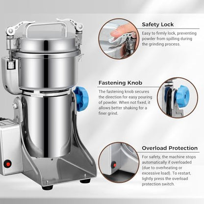 LEEVOT Grain Mill 500g Commercial Spice Grinders Electric 1500W Stainless Steel Pulverizer Dry Grinder for Grinding Wheat, Oats, Corn, Pepper, and Coffee Beans – Grinder for Kitchen. - size: 500G