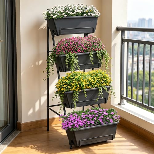 OYEAL Raised Garden Bed 4 Tier Vertical Garden Planter Indoor Outdoor Raised Planter Box with Legs Elevated Herb Garden Planters for Flowers Vegetables Plants, Grey - color: Gray